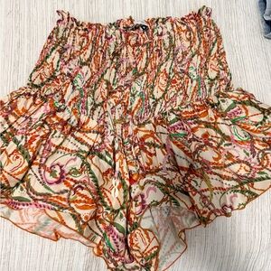 Zara Floral Smocked Ruffle Shorts — Cream, Orange, Green, Pink